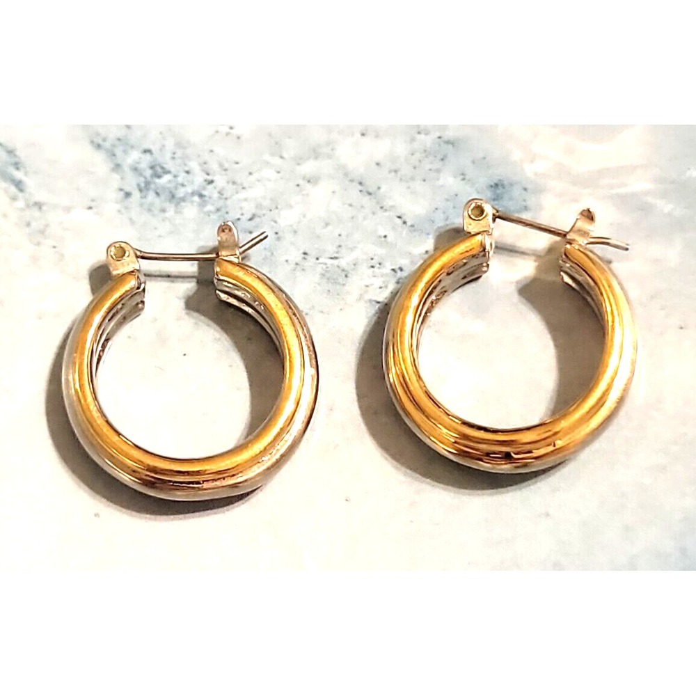 Vintage Gold Silver‎ Hoop Earrings 1980s Two Tone Pierced Retro 0.75" gp-44